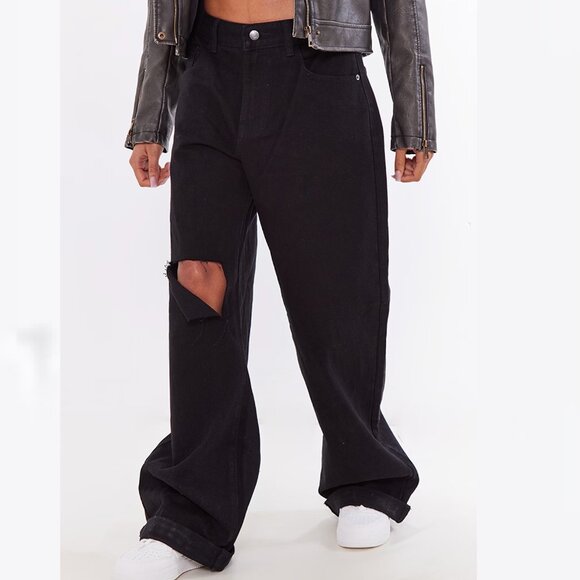 PLT Washed Black Low Rise Ripped Baggy Boyfriend Jeans - Picture 1 of 2